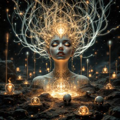 The primary subject of the image is a woman with a head full of light, possibly a futuristic or fantasy-inspired character. She is surrounded by a variety of light sources, including stars, orbs, and other light-emitting elements. The setting appears to be a dark, possibly futuristic or fantasy-inspired environment. The visual style of the image is a combination of photo and digital art, creating a unique and captivating scene. The colors and mood of the image are predomin